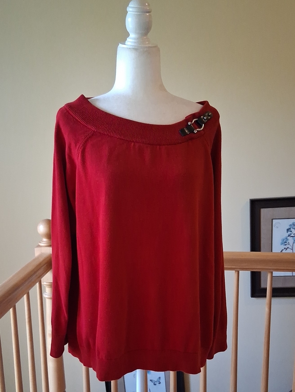 Ralph Lauren Deep Red Off-Shoulder Sweater with Buckle Accent 100% Cotton